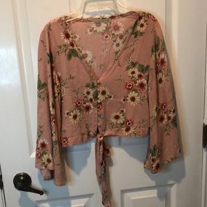 Cute pink floral crop top with bell sleeves